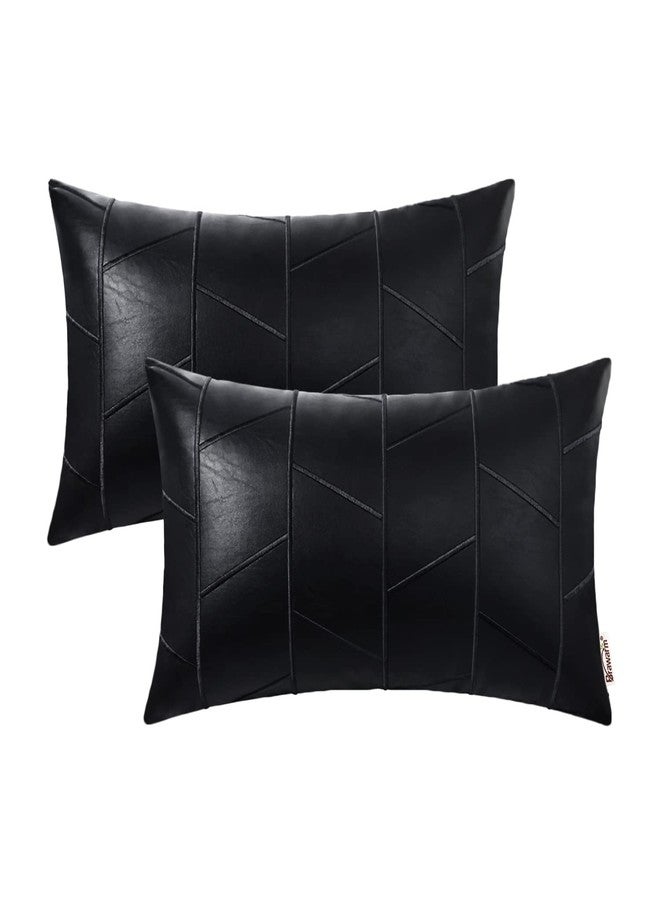 BRAWARM Faux Leather Pillow Covers 12 X 20 Inches, Black Leather Lumbar Pillow Covers Pack of 2, Geometric Embroidery Leather Decorative Throw Pillows for Living Room Couch Bed Sofa Home - Image 1